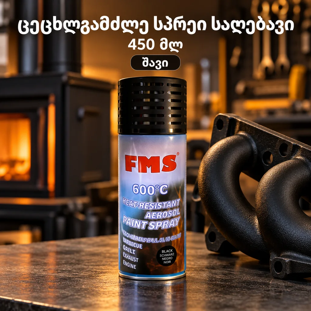 ცეცხლგამძლე სპრეი საღებავი / HEAT-RESISTANT AEROSOL PAINT SPRAY(450ML)BLACK